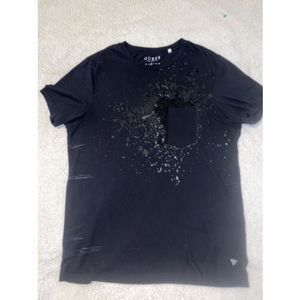 GUESS Los Angeles Mens Short Sleeve T Shirt M Black Splatter Stitch Shiny Design